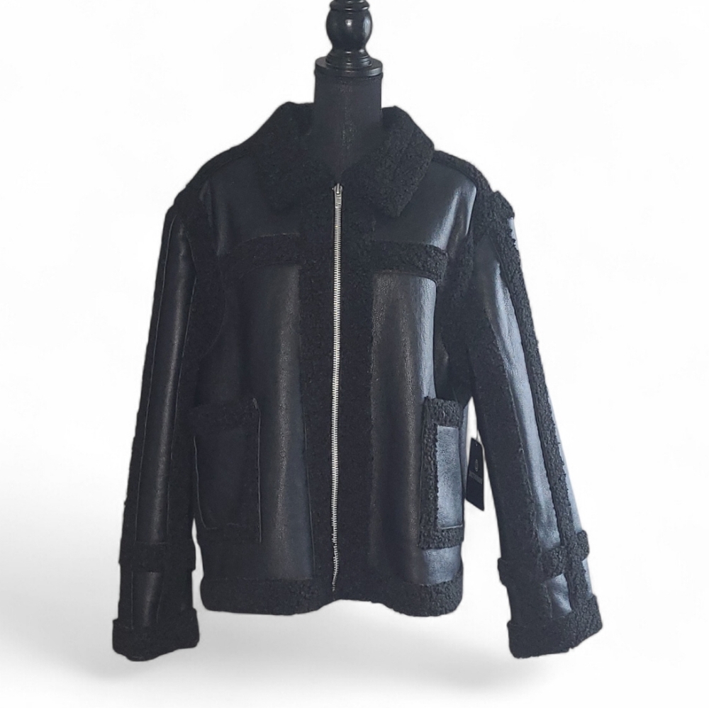 Black Faux Leather Shearling Jacket - XL